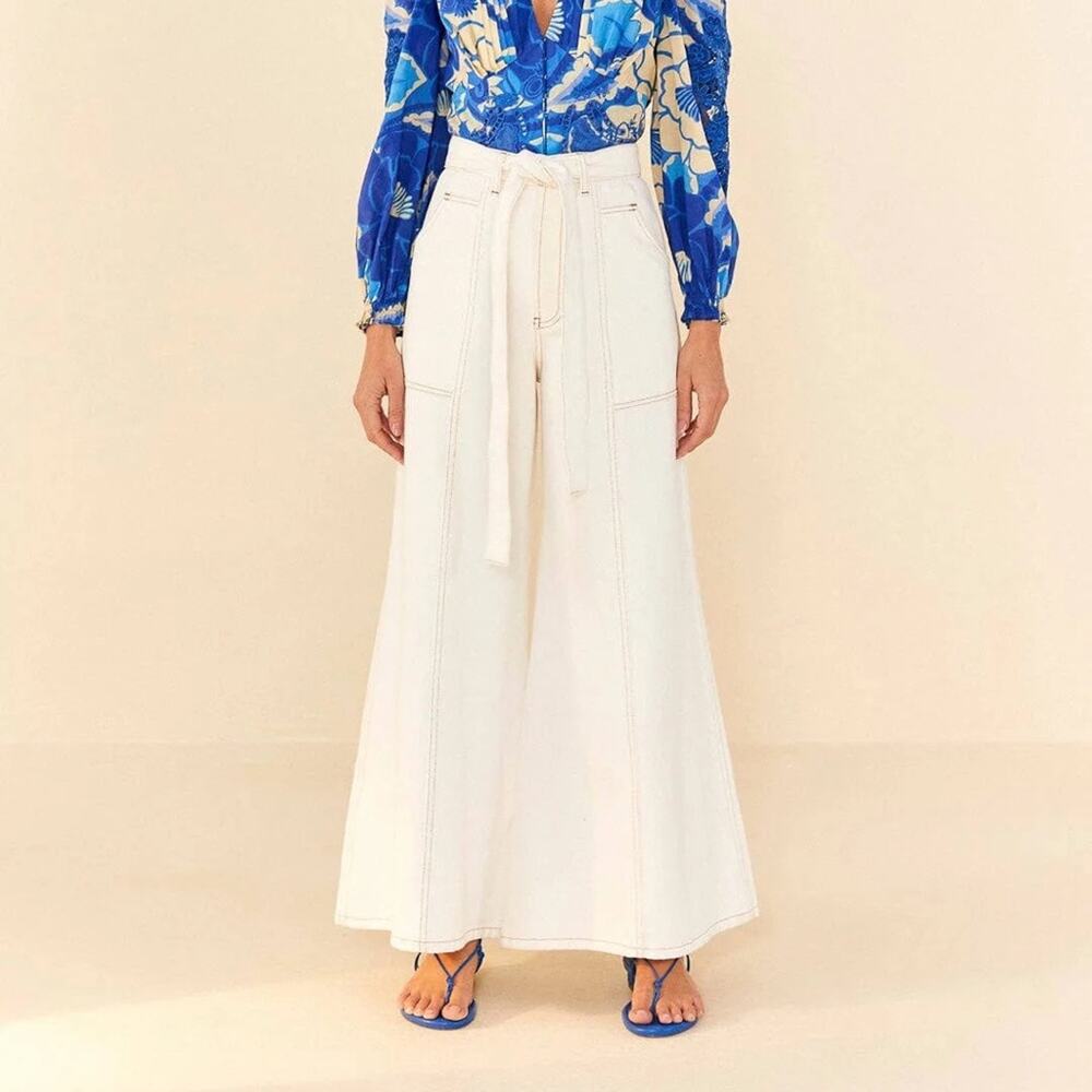 Farm Rio Belted Wide-Leg Twill Pants M